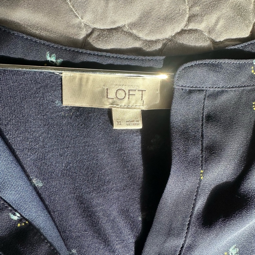 Loft Navy Blue Blouse With Pattern Euc - image 7